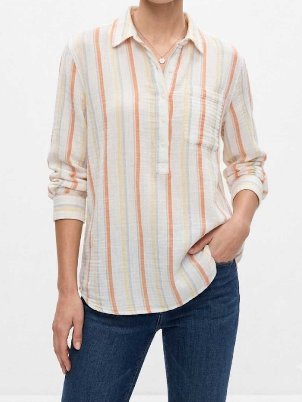 a.n.a  New Women White Button-Down Shirt with Orange and Yellow Stripes